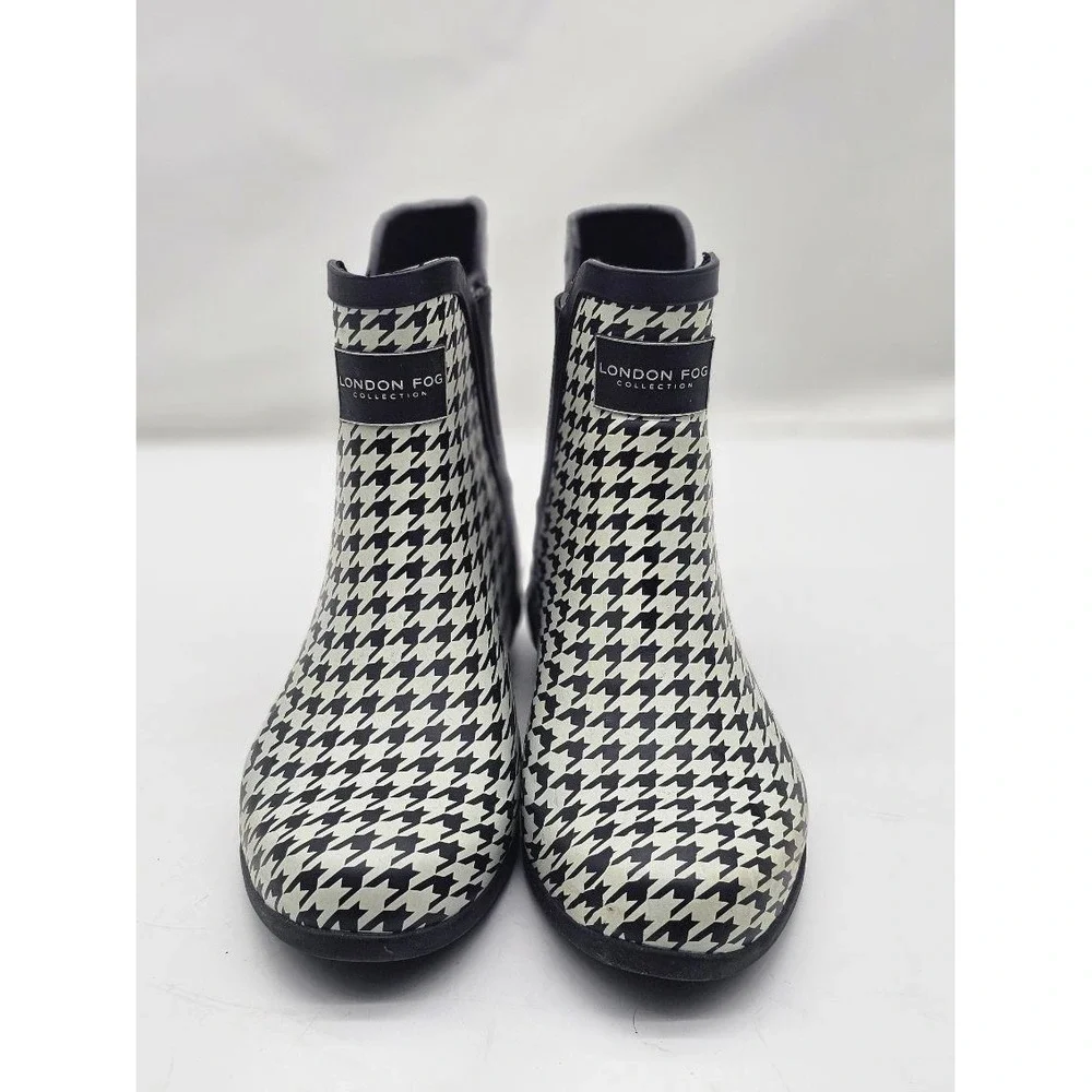 London Fog Piccadilly Rain Boots/Booties Women 8M Black White Houndstooth HKF003